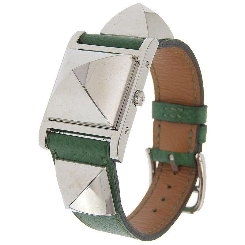 [Hermes] Hermes 
 Reloj Medor 
 ME1.250 Silver 925 x Green de cuero ○ Z Gradado de cuarzo Silver Dial Medor Damas