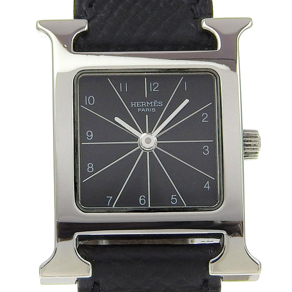 [Hermes] Hermes 
 H reloj de reloj 
 HH1.210 Acero inoxidable x cuero □ B Grabado de cuarzo Display analógico Dial negro Heure H Watch Ladies A-Rank