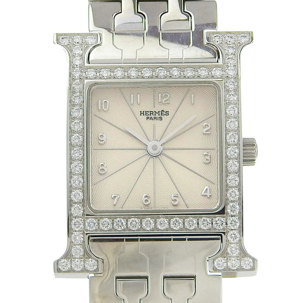 【HERMES】エルメス
 Hウオッチ 腕時計
 ダイヤベゼル HH1.230 ステンレススチール クオーツ アナログ表示 シルバー文字盤 H watch レディースA-ランク