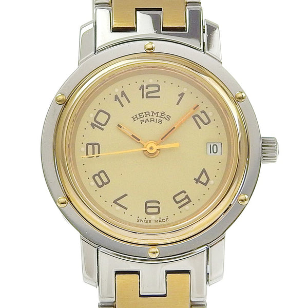 [HERMES] Hermes 
 Clipper wristwatch 
 Combi CL3.210 Stainless steel x gold plating gold quartz analog display beige dial Clipper Ladies A-Rank