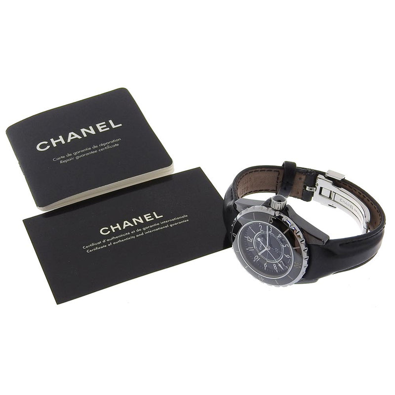 【CHANEL】シャネル
 J12 腕時計
 H0680 セラミック×レザー クオーツ アナログ表示 黒文字盤 J12 レディースA-ランク