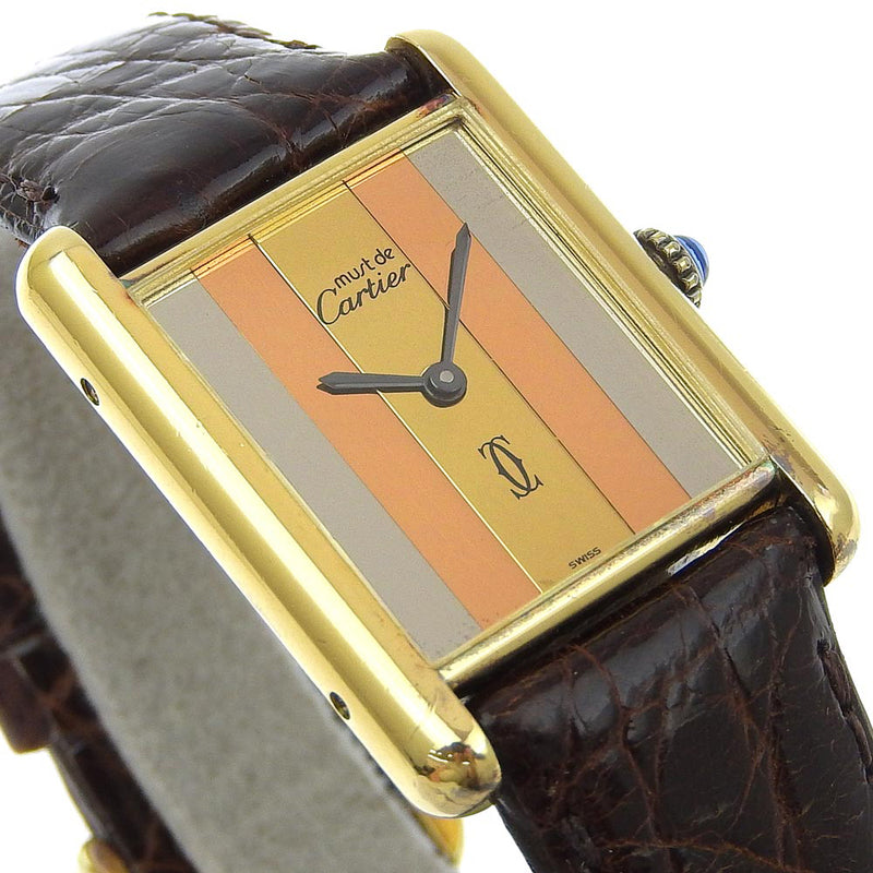 【CARTIER】カルティエ
 マストタンク 腕時計
 ヴェルメイユ シルバー925×クロコダイル 手巻き アナログ表示 ゴールド文字盤 Must tank レディース