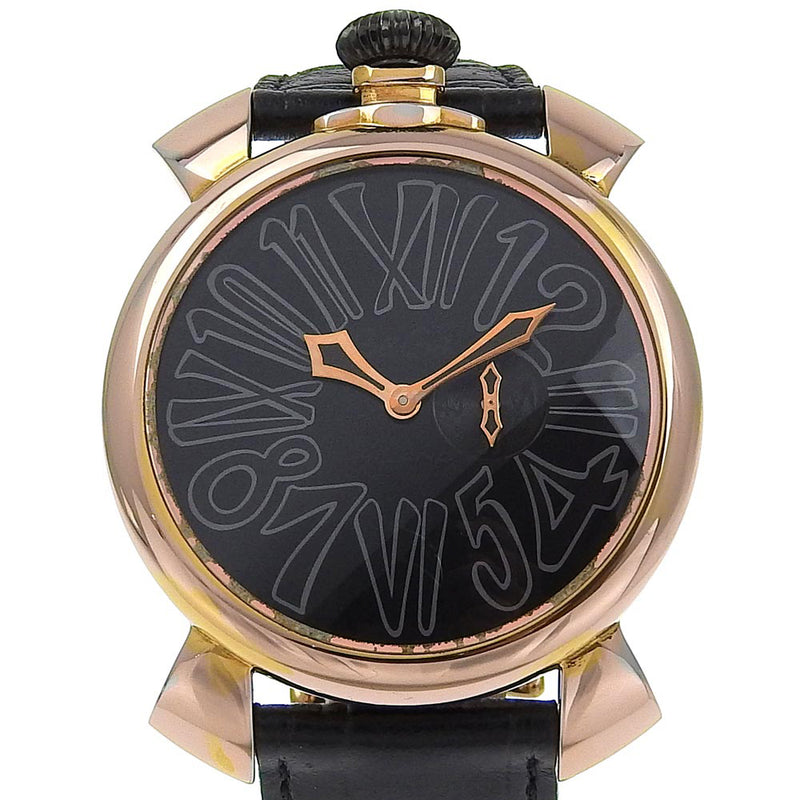 [Gaga Milano] Gaga Milan Manuare 46 Watch Vellfire Gold Placing x Quartz en cuir en relief Small Second DIAL BLACK FURMURE 46 MEN'A