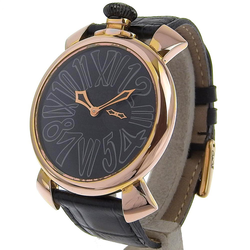 [GAGA MILANO] Gaga Milan Manuare 46 Watch Vellfire Plated Gold×Embossed Leather Quartz Small second black dial Manure 46 Men's