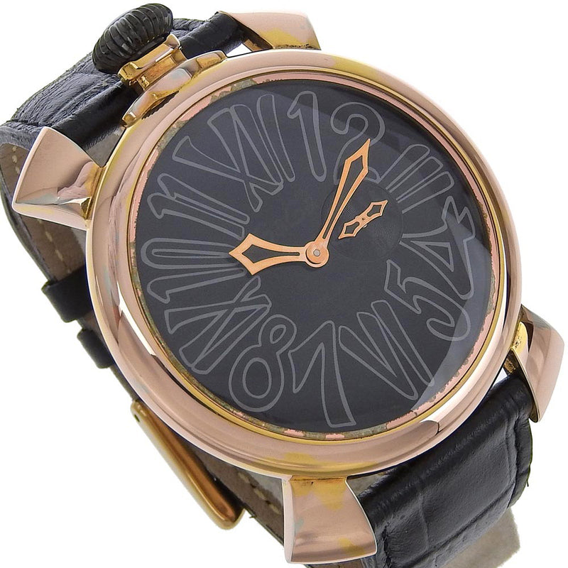 [GAGA MILANO] Gaga Milan Manuare 46 Watch Vellfire Plated Gold×Embossed Leather Quartz Small second black dial Manure 46 Men's