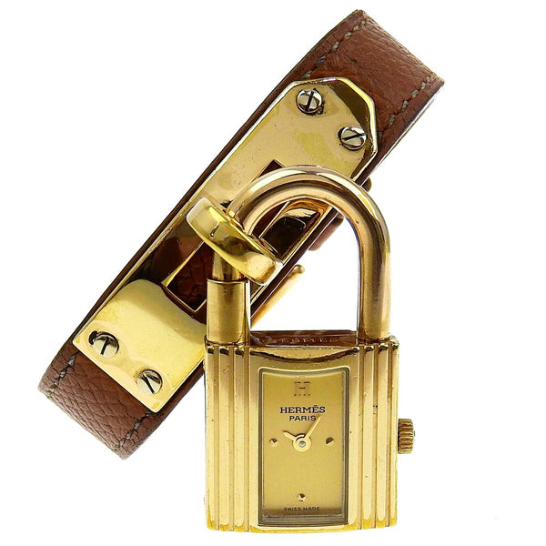 [HERMES] Hermes 
 Kelly Watch Watch 
 Plated Gold× Leather □ B engraved Quartz Analog display Gold dial Kelly Watch Ladies