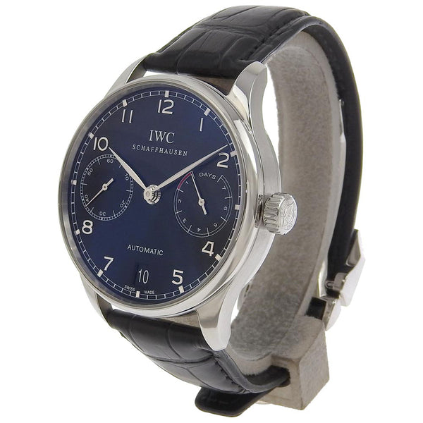 [IWC] Eye Dublyu Shafhausen葡萄牙7天观看后卫IW500109不锈钢X皮革自动风能储备黑色表盘葡萄牙7天