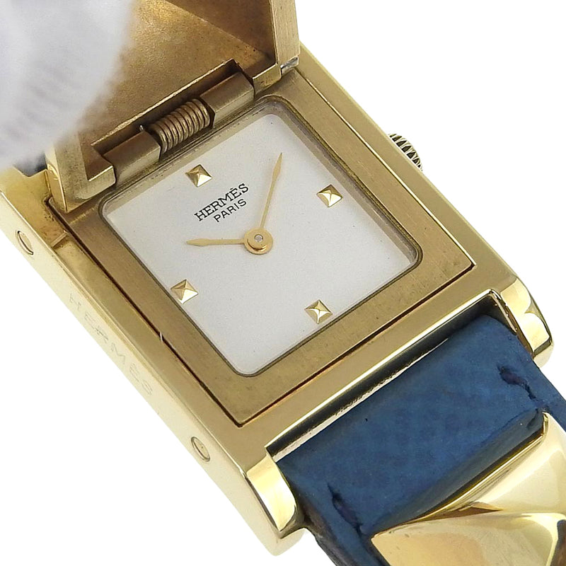 [HERMES] Hermes 
 Medor watch 
 Plated Gold× Leather 〇x engraved Quartz Analog display White dial Medor Ladies