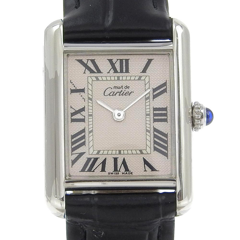 [Cartier] Cartier MustTank Watch 2416 Stainless Steel×Embossed Leather Quartz Analog display beige dial Must Tank Ladies