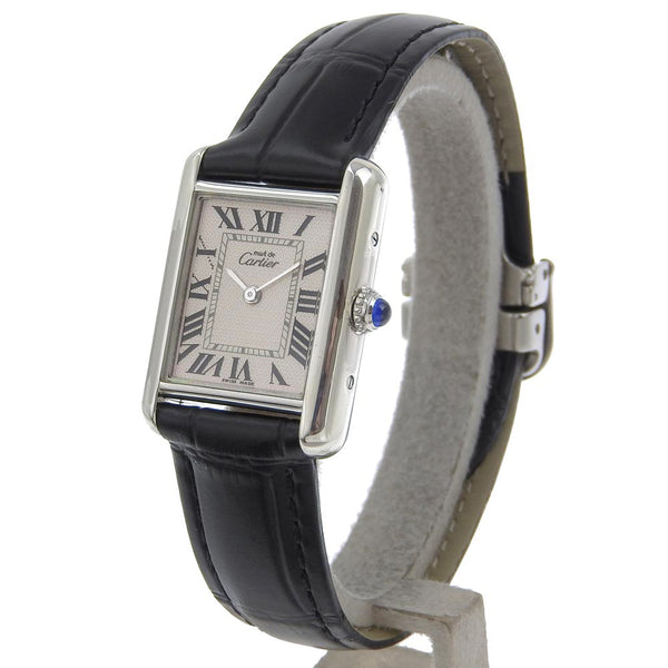 [Cartier] Cartier MustTank Watch 2416 Stainless Steel×Embossed Leather Quartz Analog display beige dial Must Tank Ladies