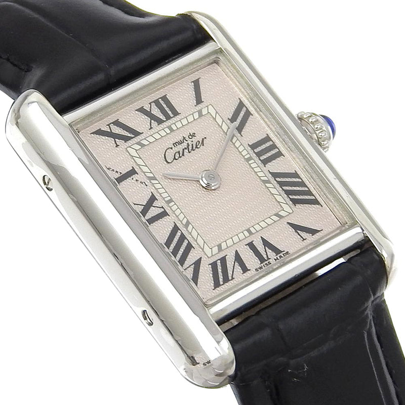 [Cartier] Cartier MustTank Watch 2416 Stainless Steel×Embossed Leather Quartz Analog display beige dial Must Tank Ladies