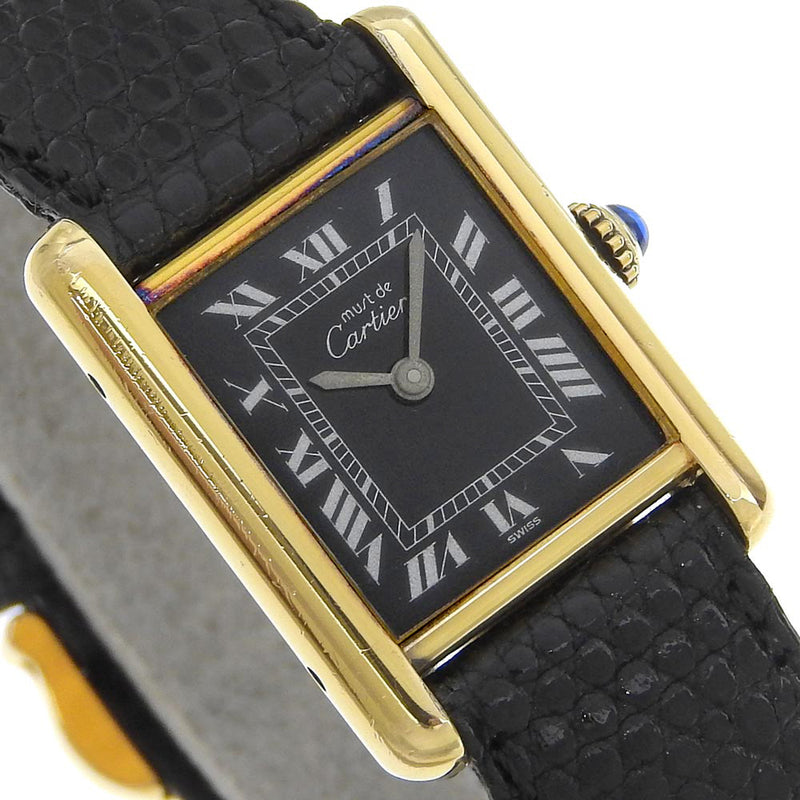 [Cartier] Cartier MustTank Watch Silver 925 ×Embossed Leather Hand Winding Black dial Must Tank Ladies