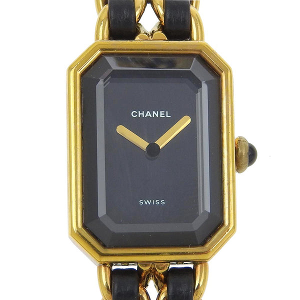 [Chanel] Chanel Premiere Watch Gold Plating x Leather Gold L grabado cuarzo negro dial de dial damas