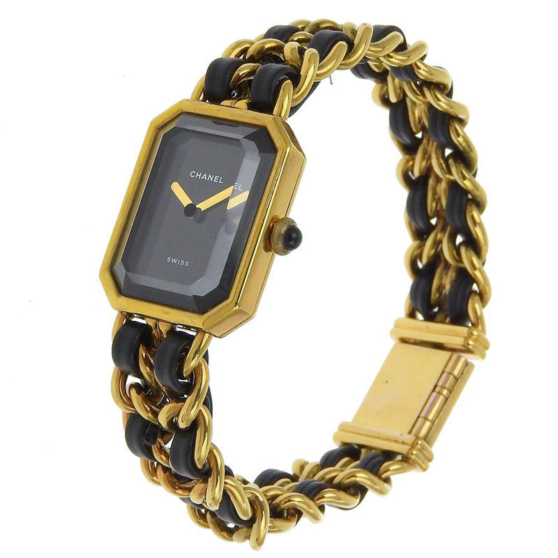 [Chanel] Chanel 
 Reloj de estreno 
 Chapado de oro x cuero dorado l cuarzo grabado dial negro estrener damas