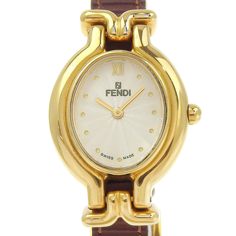 【FENDI】フェンディ
 オーバル 腕時計
 チェンジベルト 640L 金メッキ×型押しレザー クオーツ アナログ表示 シルバー文字盤 Oval レディース