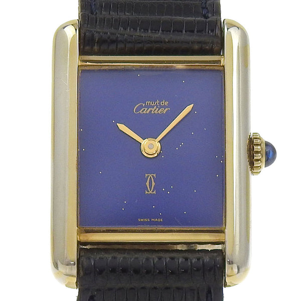 [Cartier] Cartier 
 MustReloj del tanque 
 Dial de lapis CAL.2512-1 60022 Silver 925 x Dial azul de cuero en relieve de cuero es tan tanque Damas