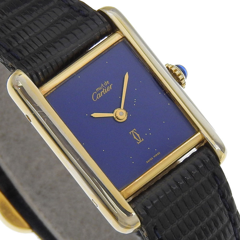 [Cartier] Cartier MustTank Watch Lapis Dial Cal.2512-1 60022 Silver 925 x Dial azul de cuero en relieve en relieve Must Tank Ladies