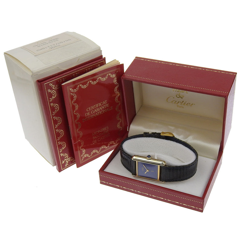 [Cartier] Cartier MustTank Watch Lapis Dial Cal.2512-1 60022 Silver 925 x Dial azul de cuero en relieve en relieve Must Tank Ladies