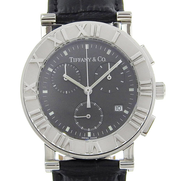 [Tiffany & co.]TIFFANY&Co. Atlas watch Stainless Steel×Embossed Leather Quartz Chronograph Black Dial ATLAS Men's