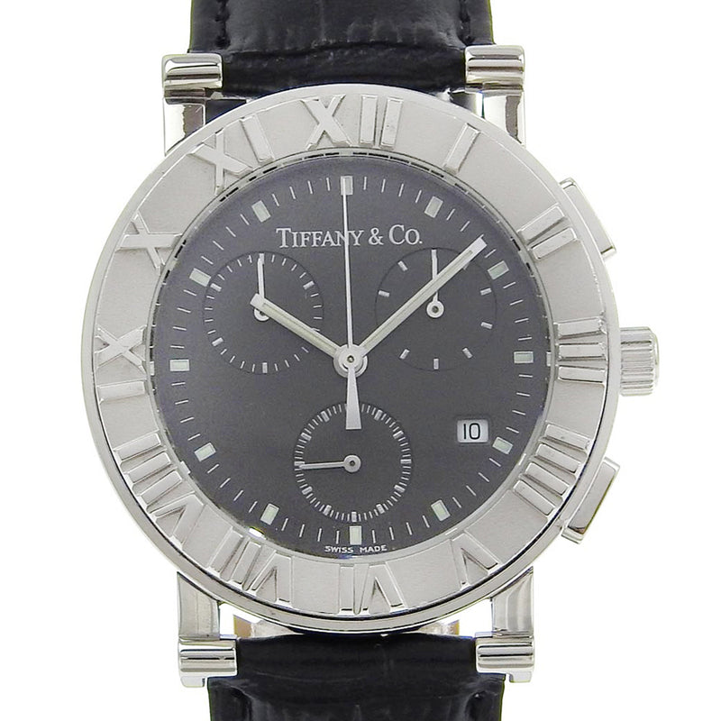 [Tiffany & co.]TIFFANY&Co. Atlas Watch de acero inoxidable x cronógrafo de cuero en relieve cronógrafo dial negro atlas hombres