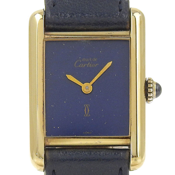 [Cartier] Cartier MustTank Watch Vermeil 1970 Silver 925 x Cuero en relieve Ventilador de la mano de lapis Dial Must Tank Women's B-Rank