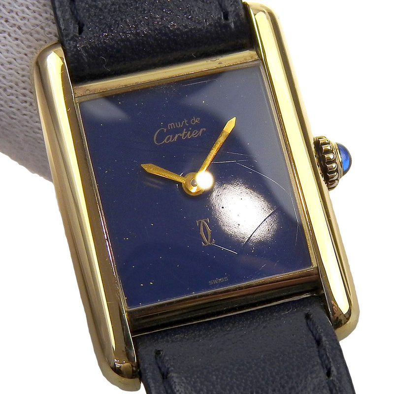 【CARTIER】カルティエ
 マストタンク 腕時計
 ヴェルメイユ 1970年代 シルバー925×型押しレザー 手巻き ラピスブルー文字盤 Must tank レディースB-ランク