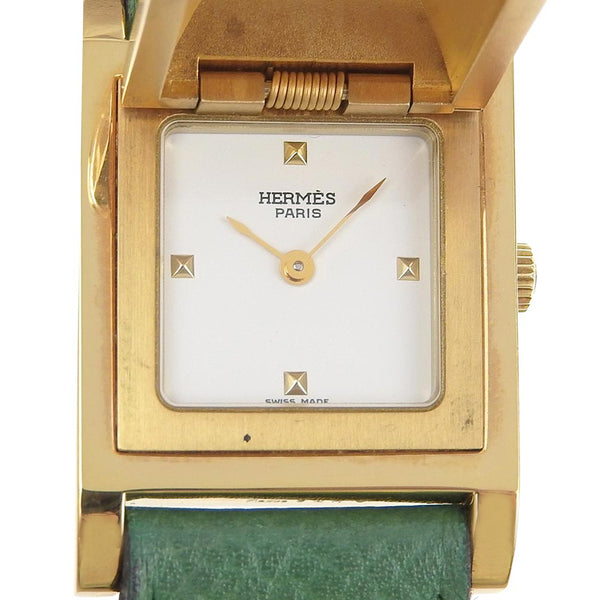 [Hermes] Hermes Medor Mira el chapado dorado x cuero de cuarzo verde dial de la esfera blanca medor damas