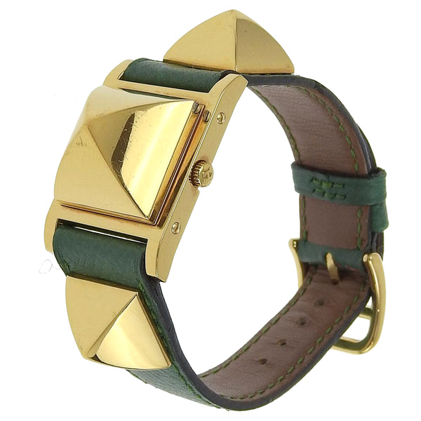 [Hermes] Hermes Medor Mira el chapado dorado x cuero de cuarzo verde dial de la esfera blanca medor damas