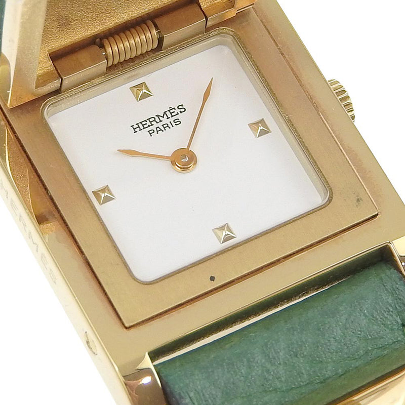 [Hermes] Hermes Medor Mira el chapado dorado x cuero de cuarzo verde dial de la esfera blanca medor damas