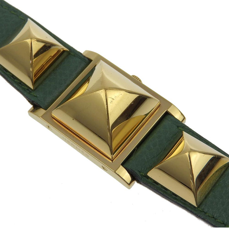 [HERMES] Hermes 
 Medor watch 
 Plated Gold× Leather green Quartz White dial Medor Ladies