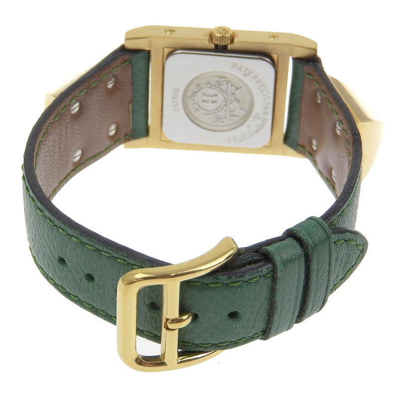 [Hermes] Hermes Medor Mira el chapado dorado x cuero de cuarzo verde dial de la esfera blanca medor damas