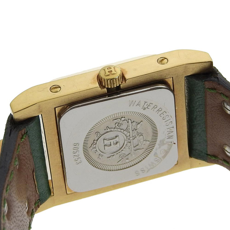 [Hermes] Hermes Medor Mira el chapado dorado x cuero de cuarzo verde dial de la esfera blanca medor damas