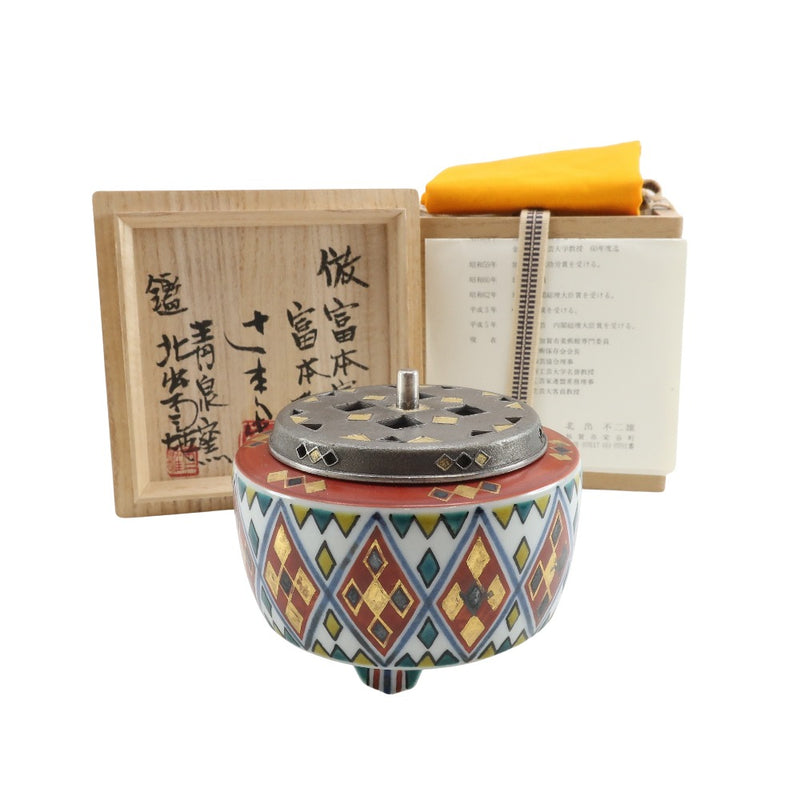Isumimoto Kenkichi Colored Painting Silver Gold and Silver-colored Diamond Patterns Incense Burner Antique