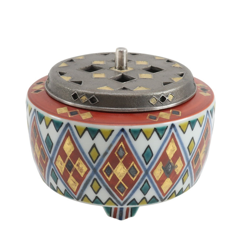 Isumimoto Kenkichi Colored Painting Silver Gold and Silver-colored Diamond Patterns Incense Burner Antique