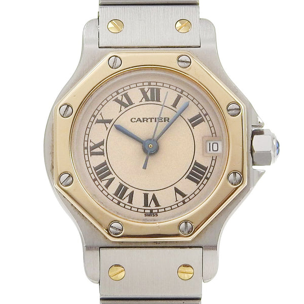 [Cartier] Cartier Santo Susukutagon SM手表187903不锈钢石英模拟显示米色表盘dile Santos Octagon SM女士女士