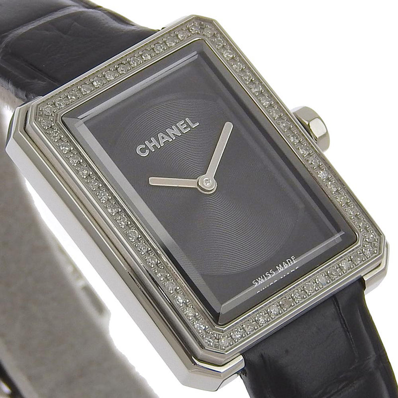 【CHANEL】シャネル
 ボーイフレンド 腕時計
 ベゼルダイヤ H4883 ステンレススチール×アリゲーター×ダイヤモンド 黒 クオーツ アナログ表示 黒文字盤 boy friend レディースA-ランク