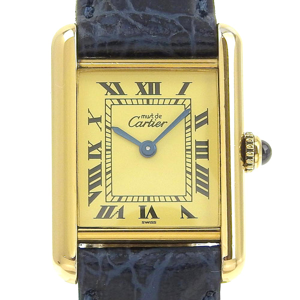 [Cartier] Cartier 
 Mast tank watch 
 Vermille Silver 925 x Crocodile Black/Gold Quartz Ivory Dial Must Tank Ladies A-Rank