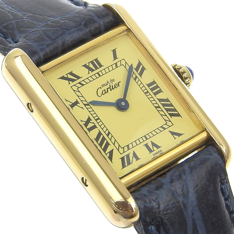 [Cartier] Cartier 
 Reloj de mástil tanque 
 Vermille Silver 925 x Crocodile Negro/Gold Quartz Marfil Dial debe Tank Ladies A-Rank