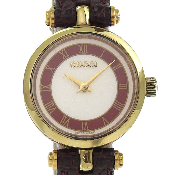 [GUCCI] Gucci 
 Side sherry watch 
 Plated Gold×Embossed Leather Quartz Analog display White dial Side Shelly Ladies