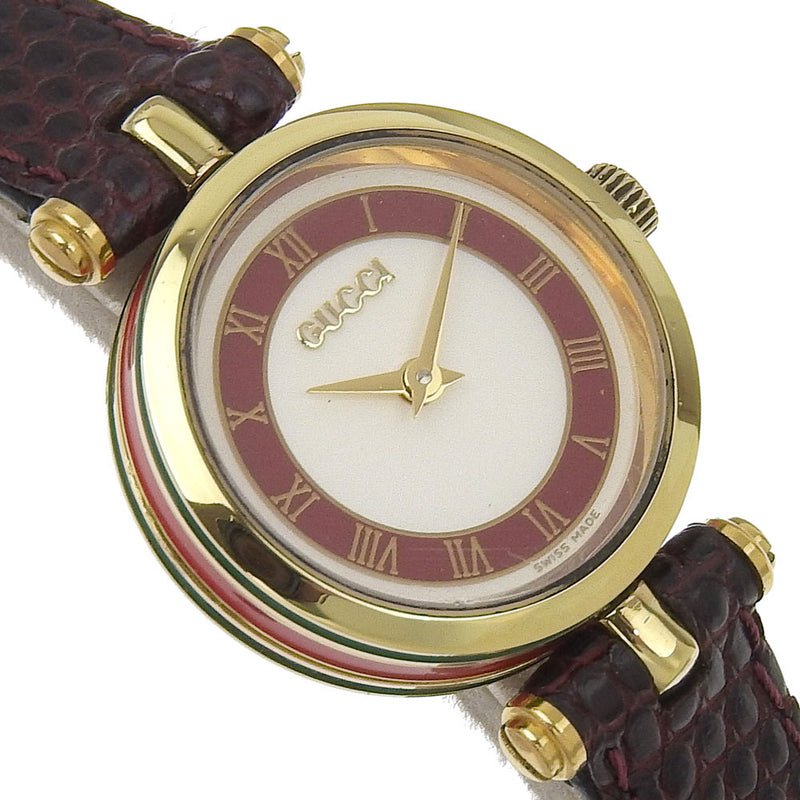 [GUCCI] Gucci 
 Side sherry watch 
 Plated Gold×Embossed Leather Quartz Analog display White dial Side Shelly Ladies