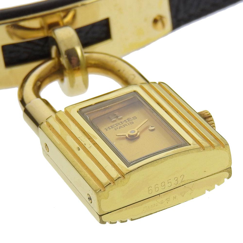 [Hermes] Hermes 
 Reloj Kelly Watch 
 Chapado dorado x cuero negro □ Una pantalla analógica de cuarzo grabada dial kelly watch damas