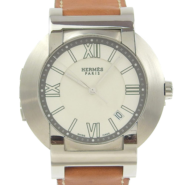 [HERMES] Hermes 
 Nomade Compass Watch 
 No2.910 Stainless steel x leather silver □ F-engraved auto quartz analog display white dial Nomad compass men's A-rank