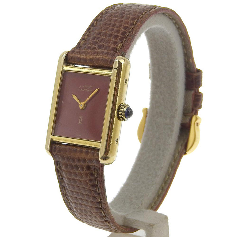 [Cartier] Cartier MustTank Watch Vel Meille Antique Silver 925 x Lizard Gold Hand Winding Bordeaux dial Must Tank Ladies B-Rank