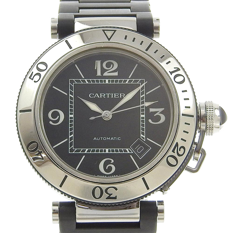 【CARTIER】カルティエ
 パシャ 腕時計
 シータイマー デイト W31077M7 ステンレススチール×ラバー シルバー/黒 自動巻き 黒文字盤 Pasha メンズ