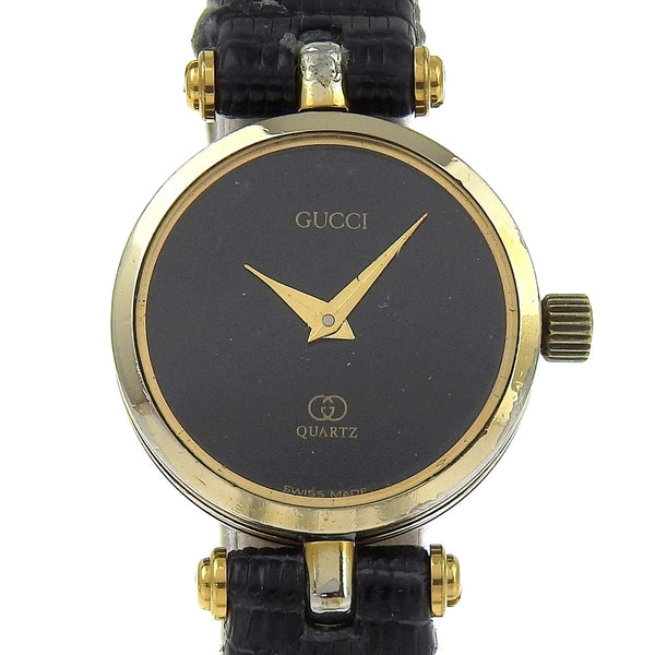 [GUCCI] 
 Sherry watch 
 Plated Gold×Embossed Leather Quartz Analog display Black dial Sherry Women's B-rank