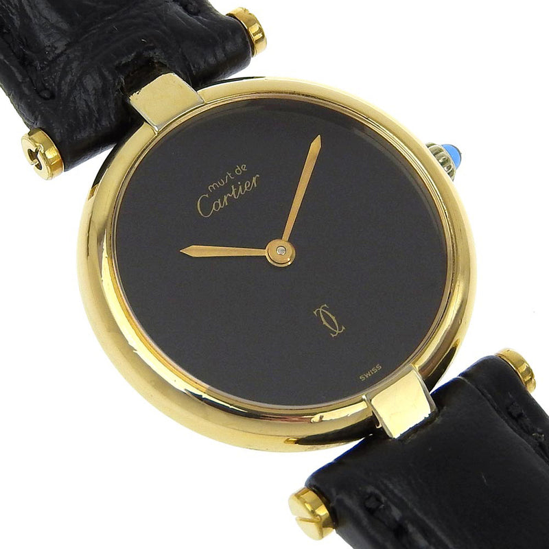 [Cartier] Cartier 
 Must Vandome Watch 
 Vermeille Silver925×Embossed Leather gold Quartz Analog display black dial Must Vendome Ladies