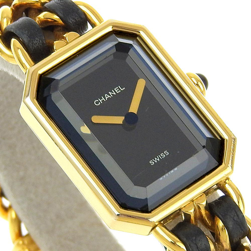 [香奈儿]香奈儿 
 首映手表 
 金色镀金X皮革M雕刻石英模拟显示黑色表盘premiere女士A级