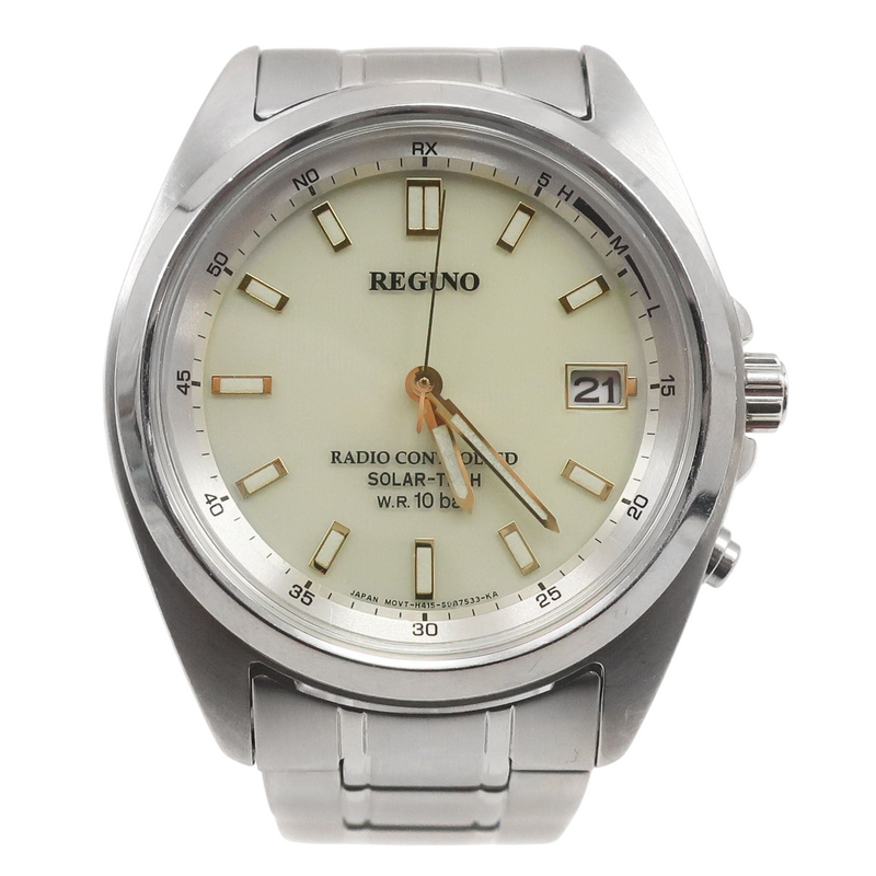 NISHIKINO VINTAGE KYOTOのシチズン REGUNO ソーラー電波腕時計。イエローの文字盤とシルバーのステンレスケースが特徴。