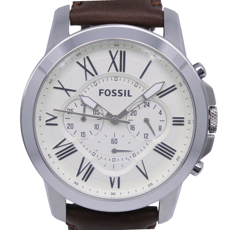 NISHIKINO VINTAGE KYOTOのFOSSIL FS4735メンズ腕時計。ホワイト文字盤にローマ数字、ブラウンのレザーベルトが特徴のクロノグラフ。