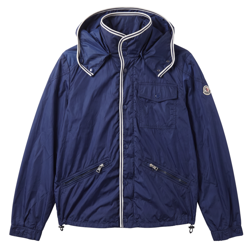 NISHIKINO VINTAGE KYOTOのMONCLER GUSTAVEナイロンジャケット。紺色のフード付きで、白いパイピングが特徴的なレディースアウター。